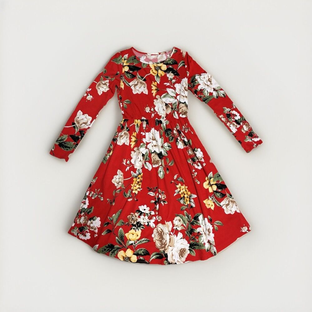 Vine & Love Floral Midi Dress Size Small Red 3/4 Sleeve Made In USA Wrinkle Free